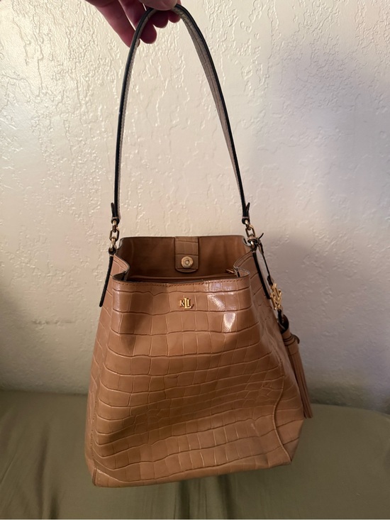 Ralph Lauren Handbags - Lauren Ralph Lauren Croc-Embossed Bucket Bag – Tan/Camel